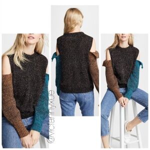 (nude) round neck cutout shoulder metallic colorblock sweater xs